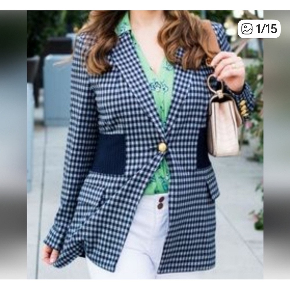 Cabi Checkup Blazer Jacket XL Stretch One Button Navy Gingham 5848Career Casual